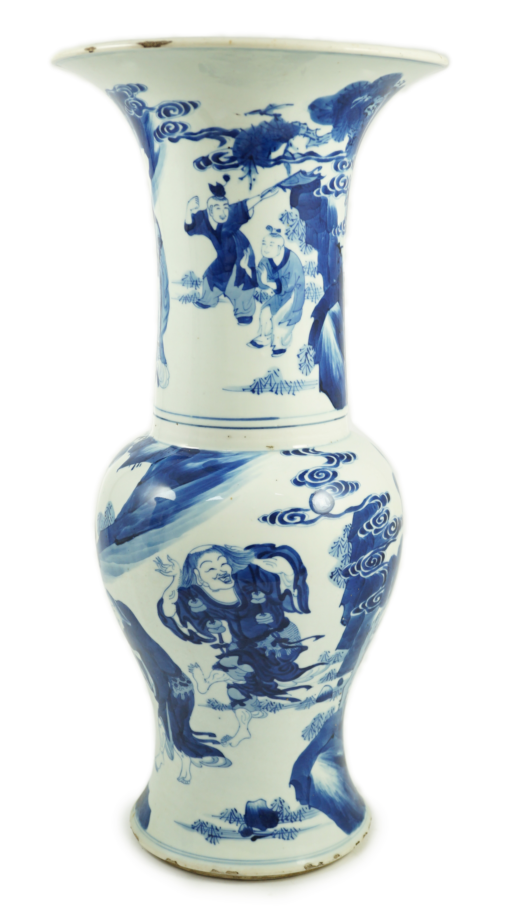 A Chinese blue and white ‘Daoist immortals’ yen-yen vase, Kangxi period, glaze losses to rim and edge of foot